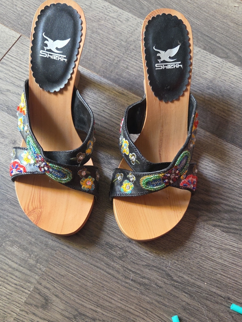 Wooden Embellished Black Floral Beaded Slide Sandals